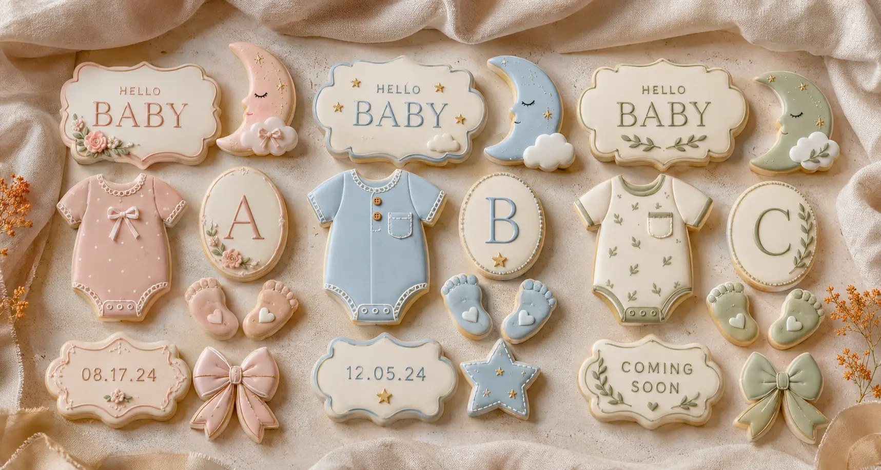 Blush, powder-blue, and sage baby announcement cookie collections