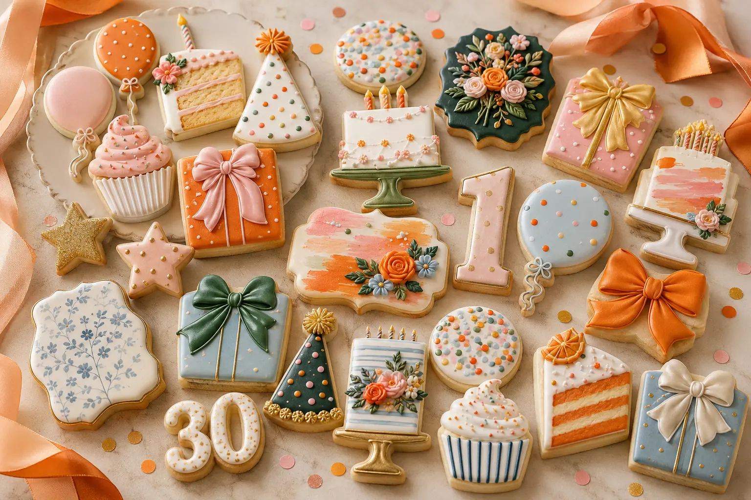 Large festive collection of luxury birthday sugar cookies with cakes, balloons, gifts, bows, and milestone numbers