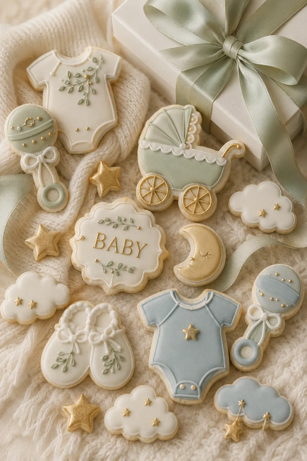 Baby shower and baby announcement sugar cookies with onesies, rattles and stars