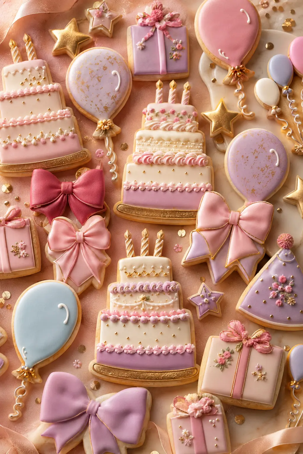 Luxury birthday sugar cookies with cakes, balloons, bows and gifts
