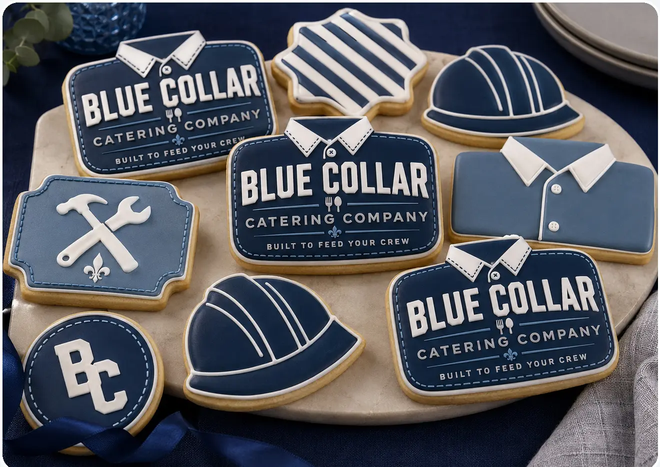 Blue Collar Catering Company logo sugar cookies with hard hat and trade-themed designs
