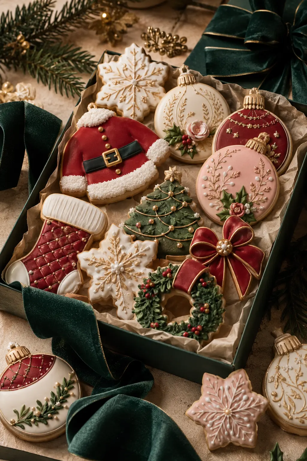 Luxury Christmas sugar cookies with ornaments, snowflakes, wreaths and bows