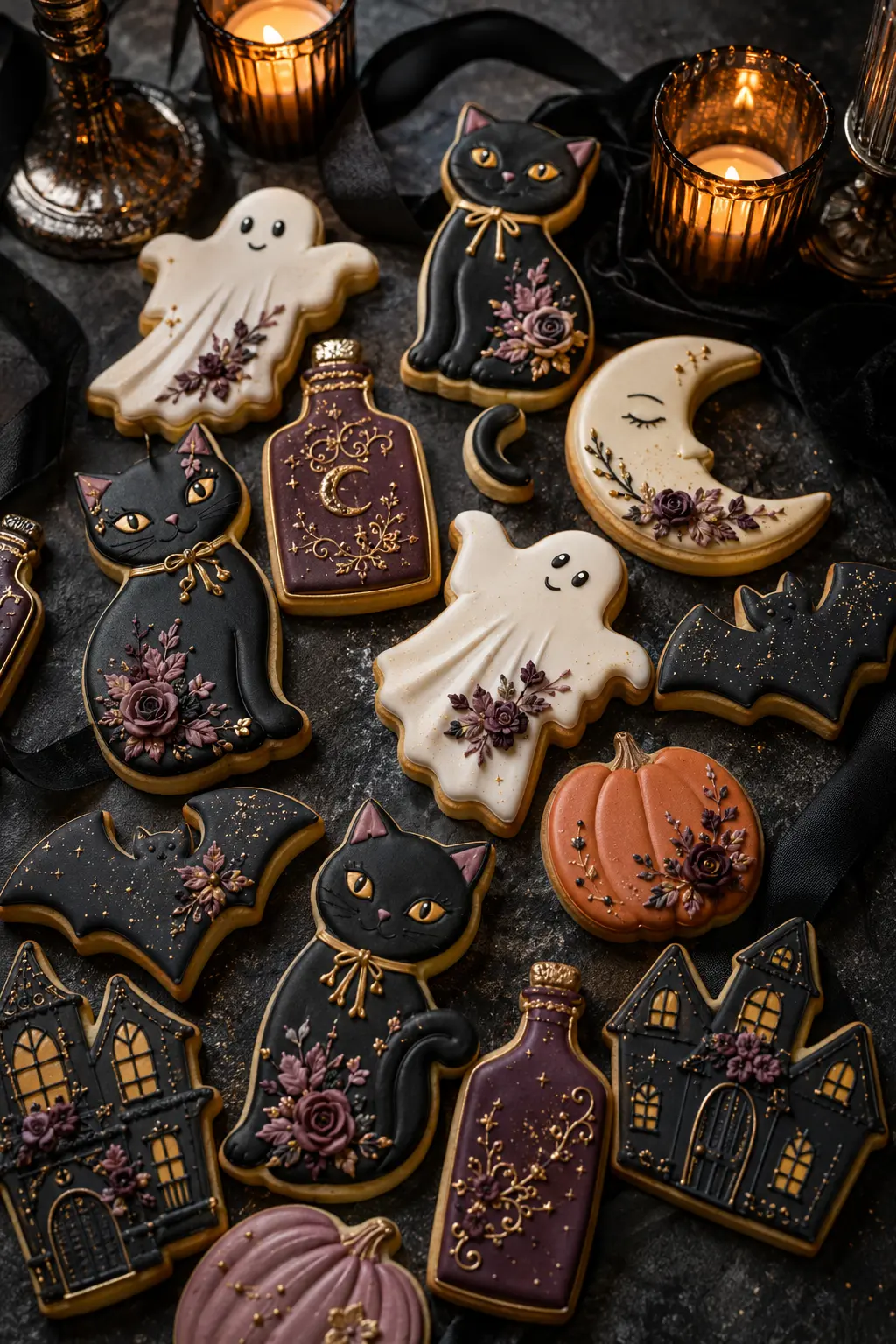 Elegant Halloween sugar cookies with ghosts, black cats, bats and haunted houses