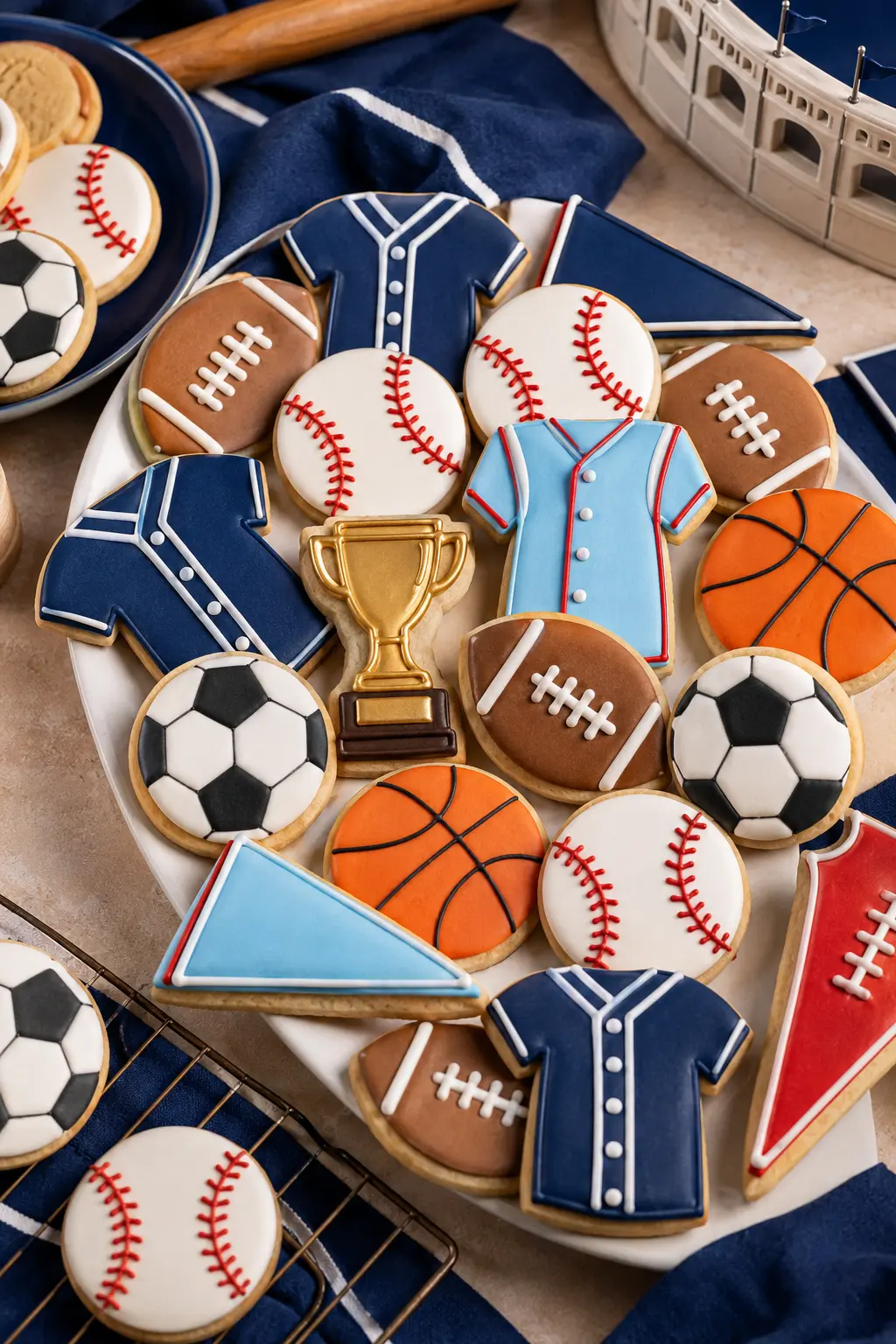 Sports-themed sugar cookies featuring baseball, football, basketball and soccer