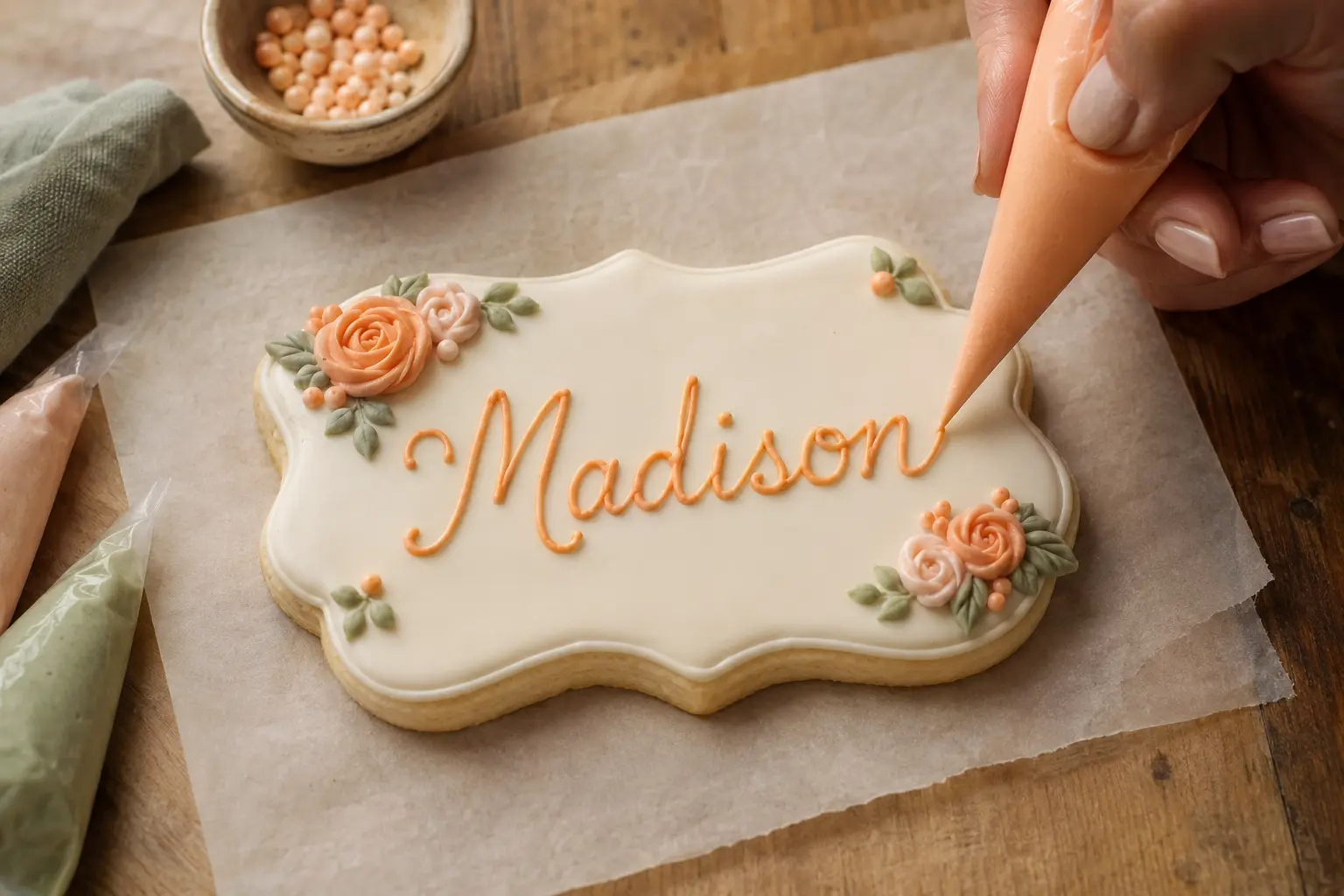 A personalized sugar cookie being hand-decorated with the name Madison