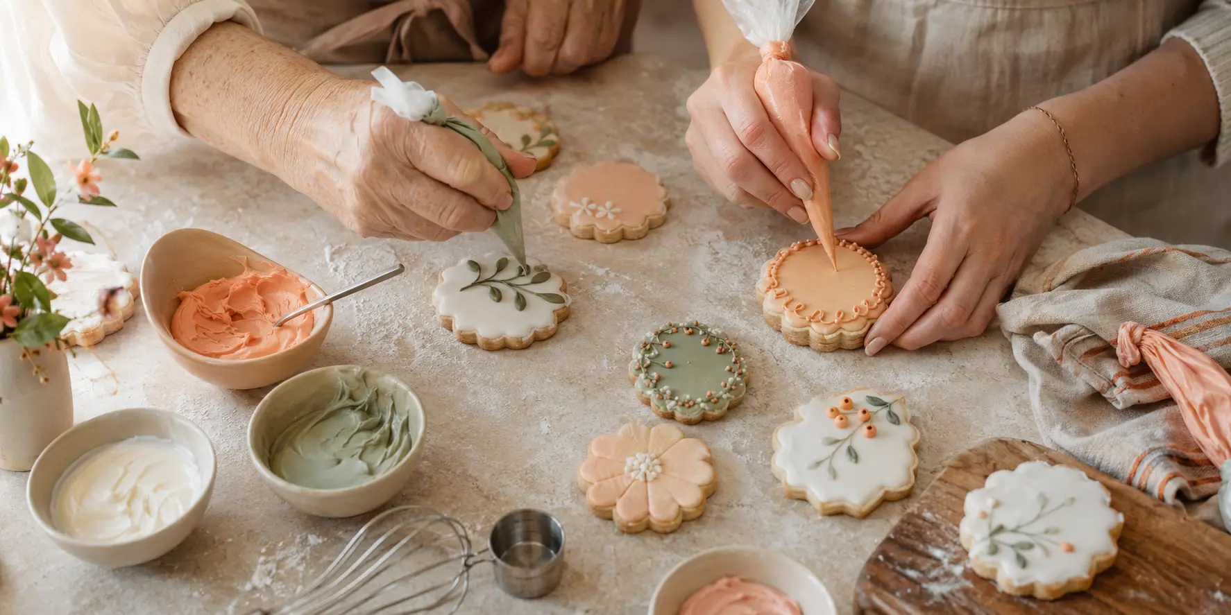 An older and younger pair of hands carefully decorating handmade sugar cookies