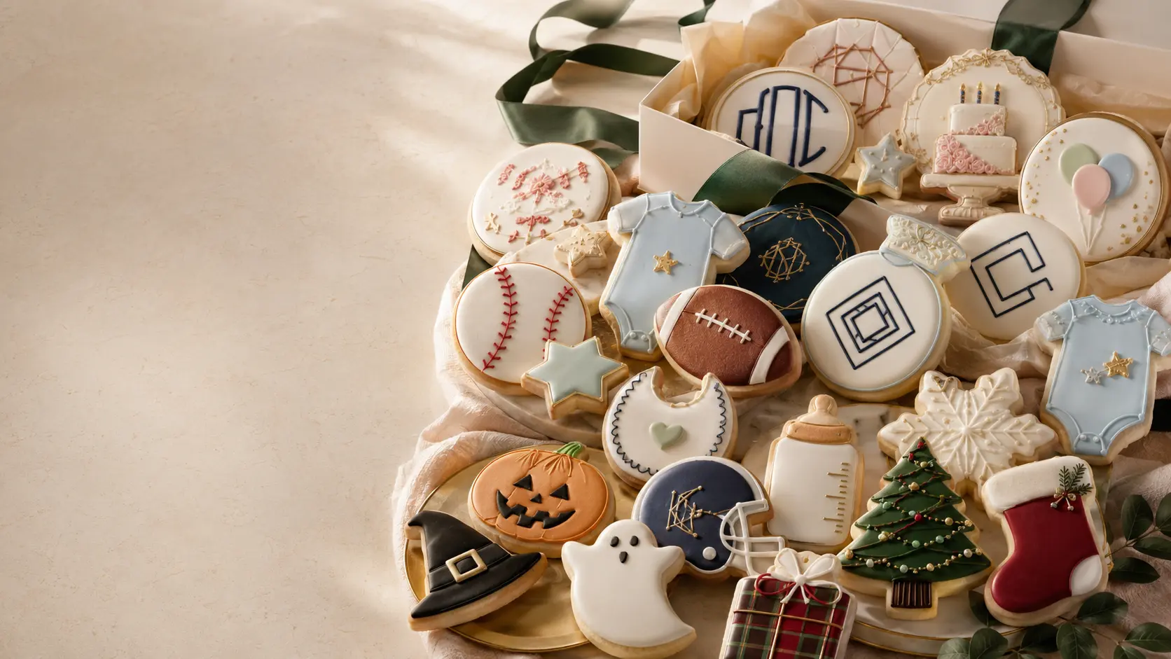 Assorted custom sugar cookies for birthdays, babies, sports, companies and holidays
