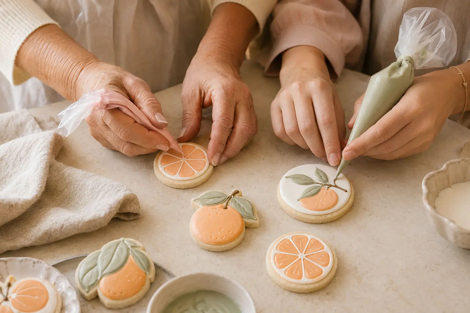 An older mother and her adult daughter decorating citrus sugar cookies together
