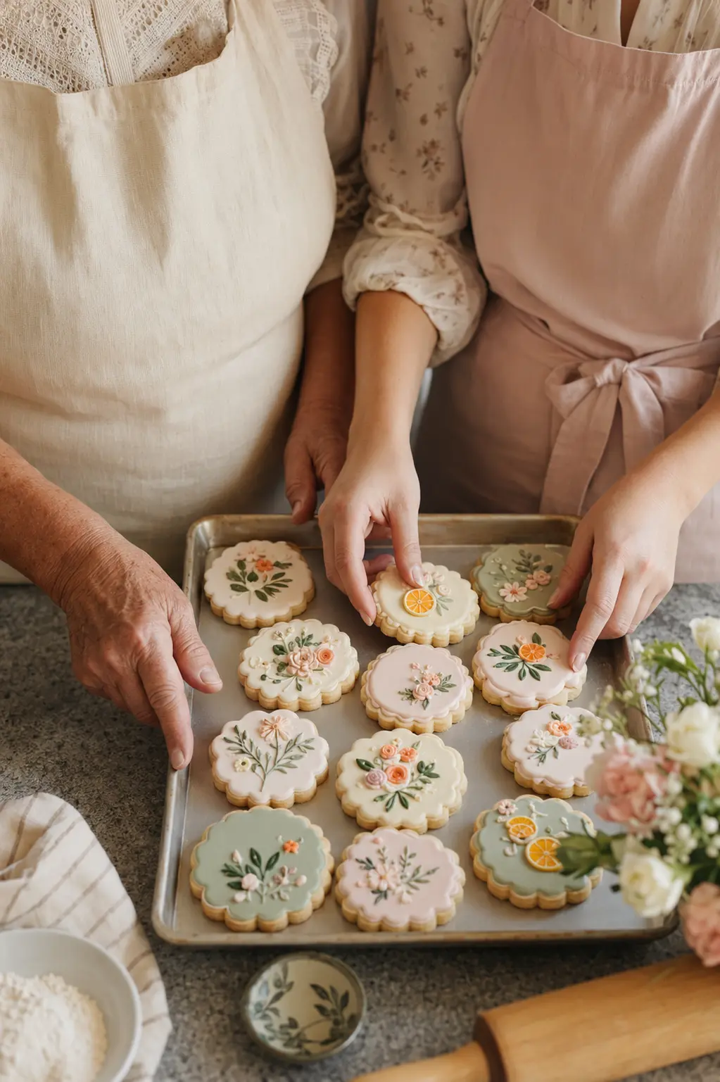 A mother and daughter arranging a finished tray of handmade sugar cookies