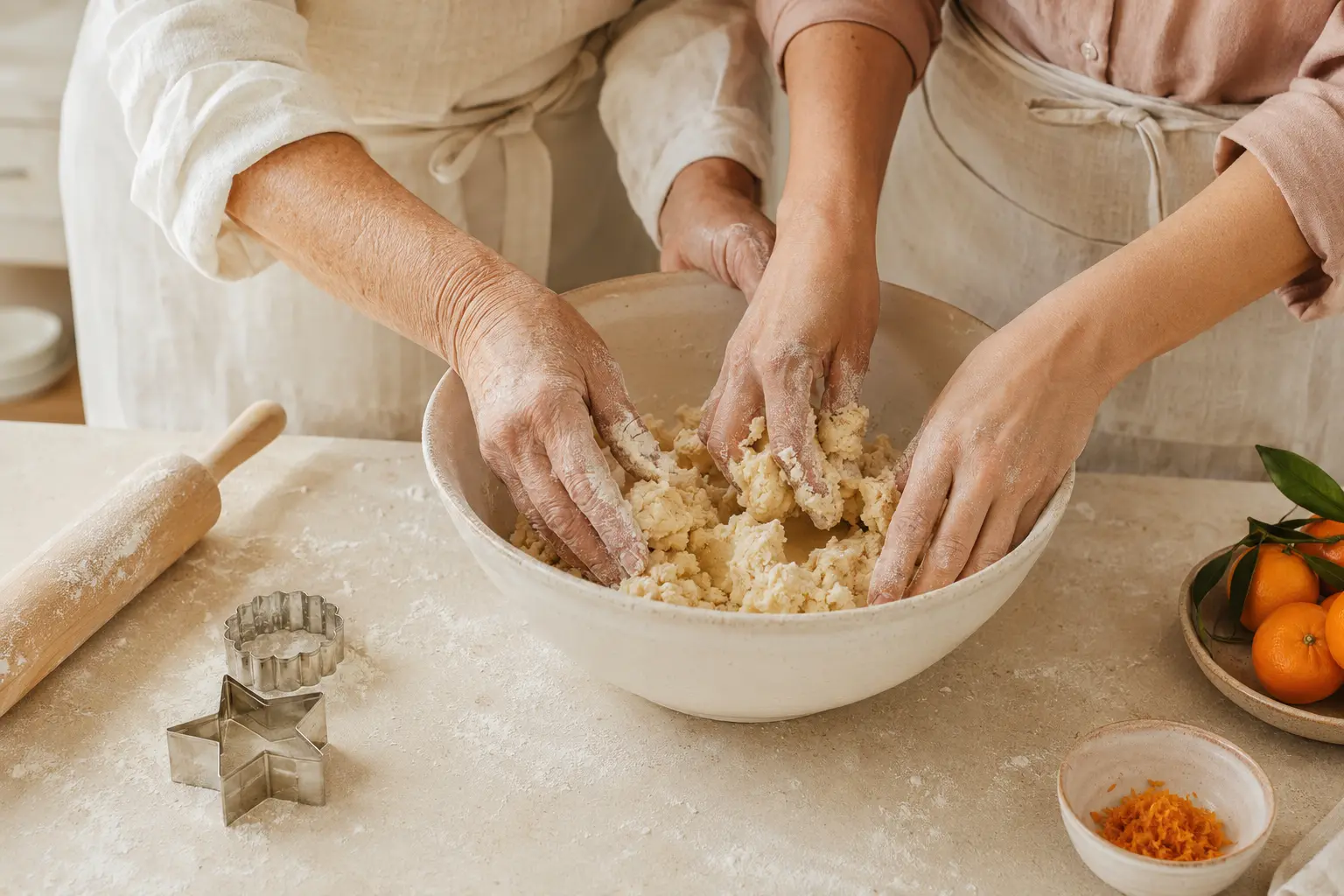 A mother and her adult daughter mixing cookie dough together by hand